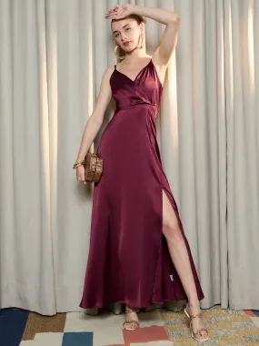 Berrylush Women Solid Maroon V-Neck Sleeveless Satin Straight Hem Thigh-High Slit A-Line Maxi Dress