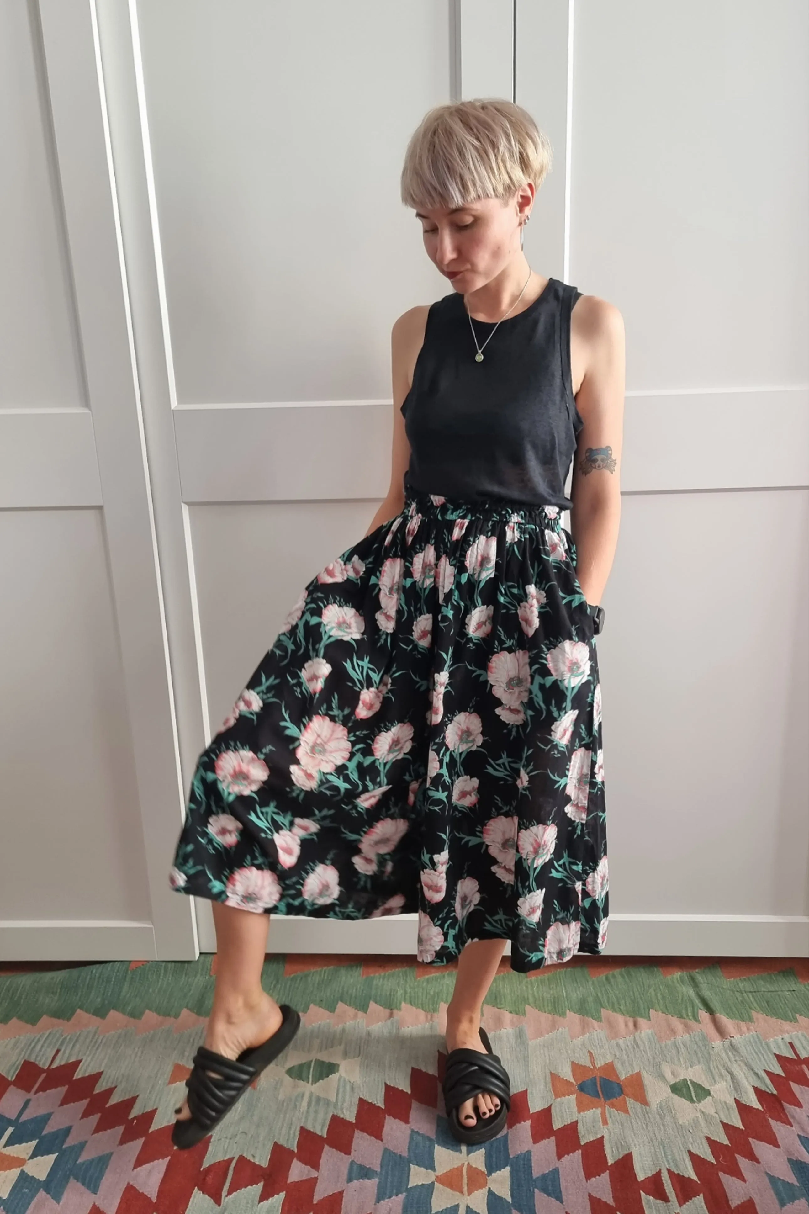 Black Cotton and Linen Blend Spring/ Summer Culottes with Beautiful Flower Print. Perfect for Active Beauty Loving Woman