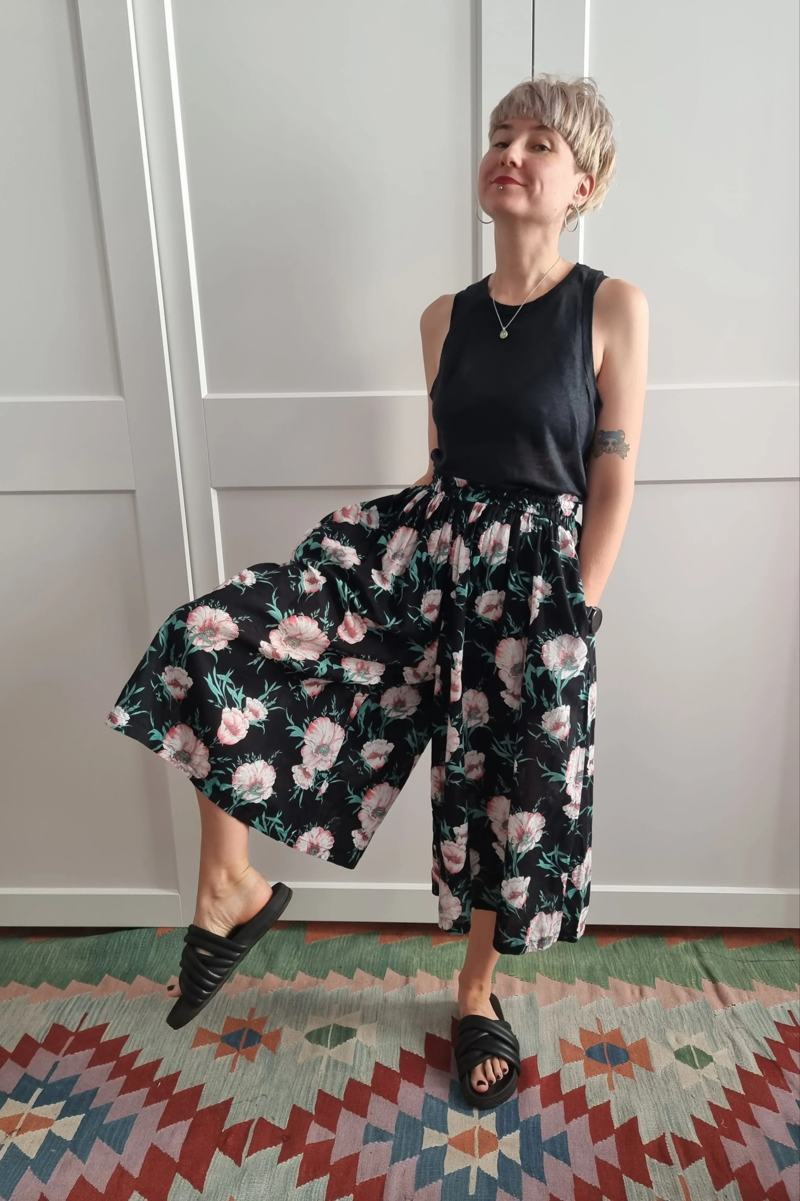 Black Cotton and Linen Blend Spring/ Summer Culottes with Beautiful Flower Print. Perfect for Active Beauty Loving Woman