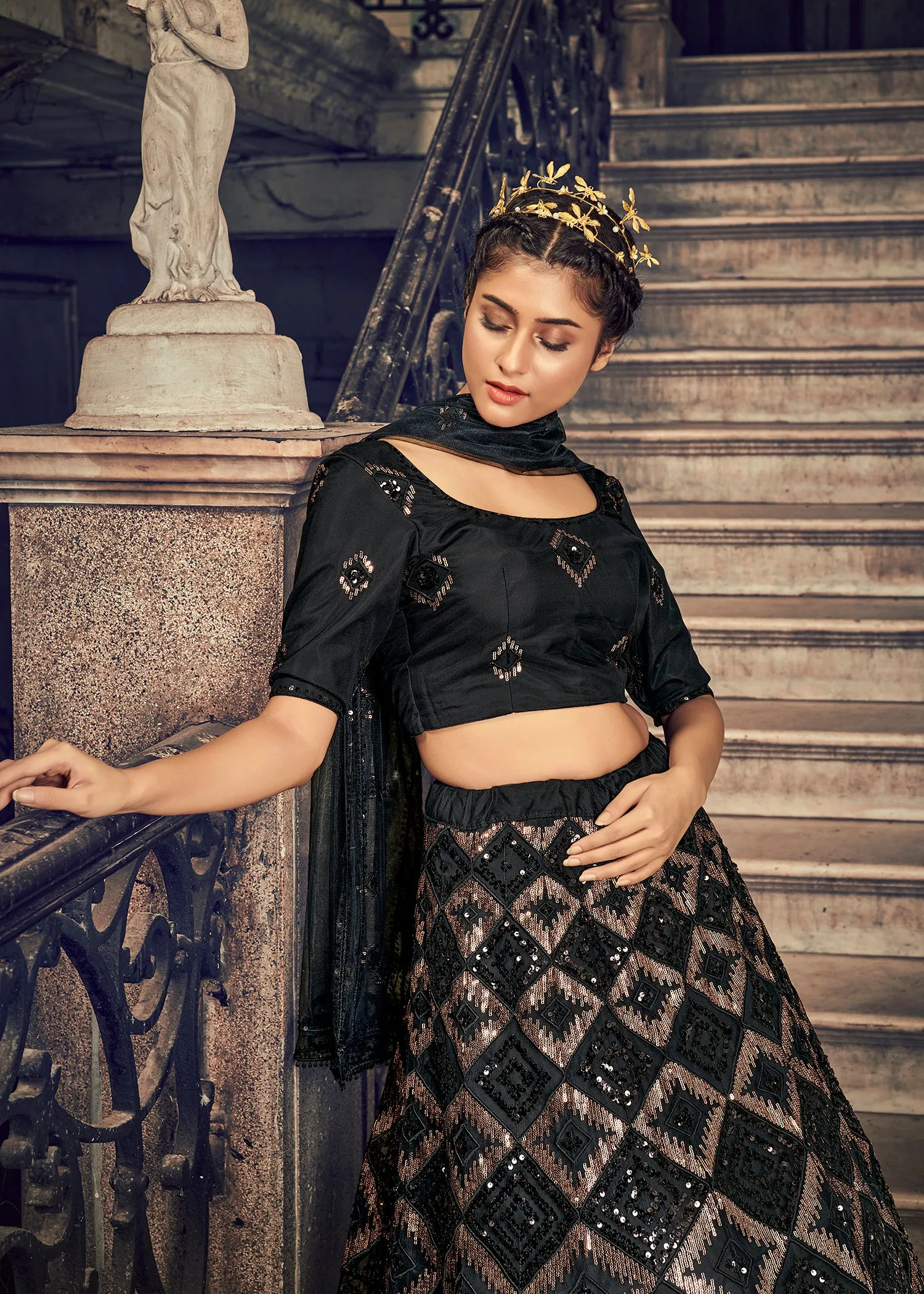 Black Sequins Embroidered Net Party Wear Lehenga Choli