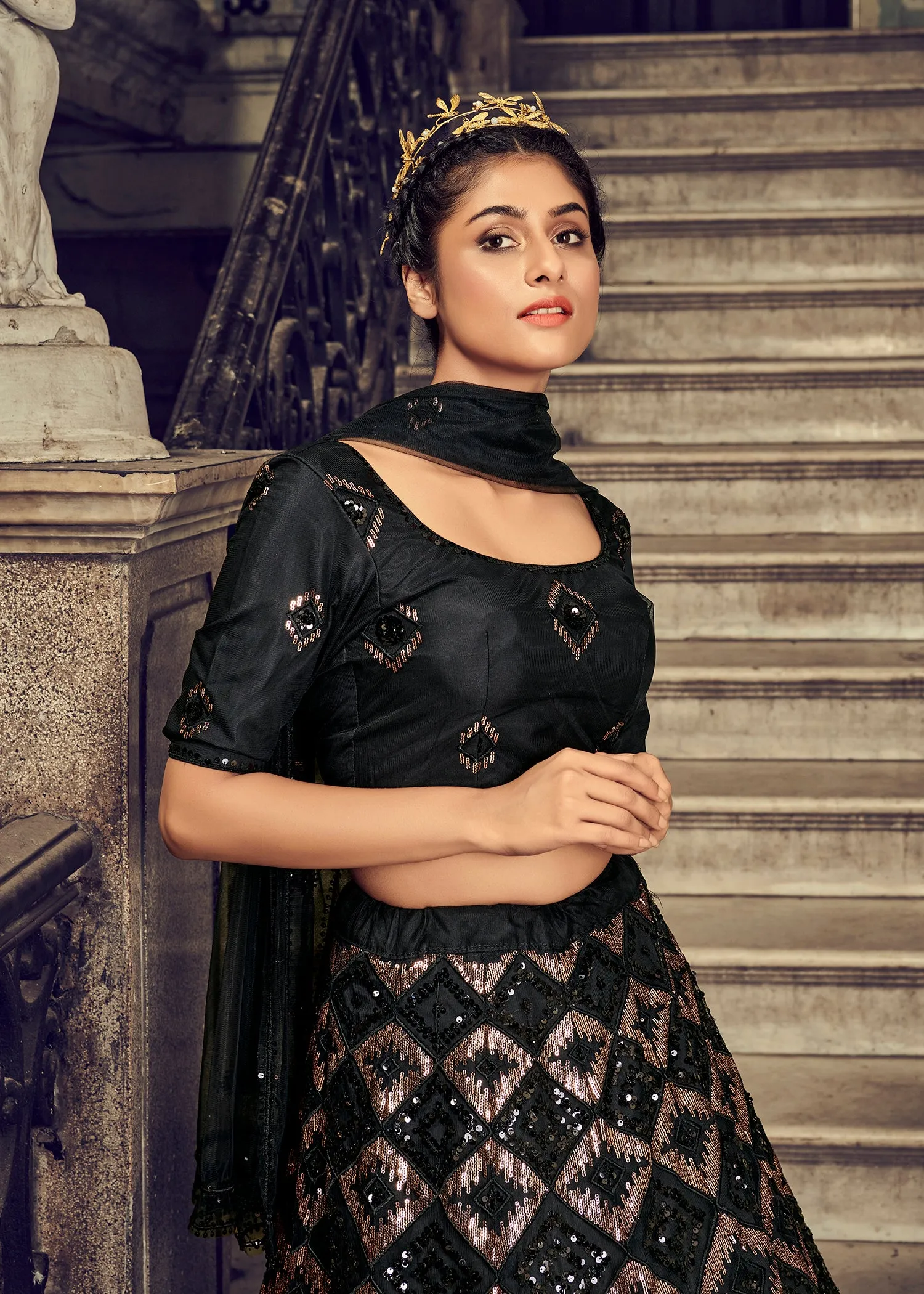 Black Sequins Embroidered Net Party Wear Lehenga Choli