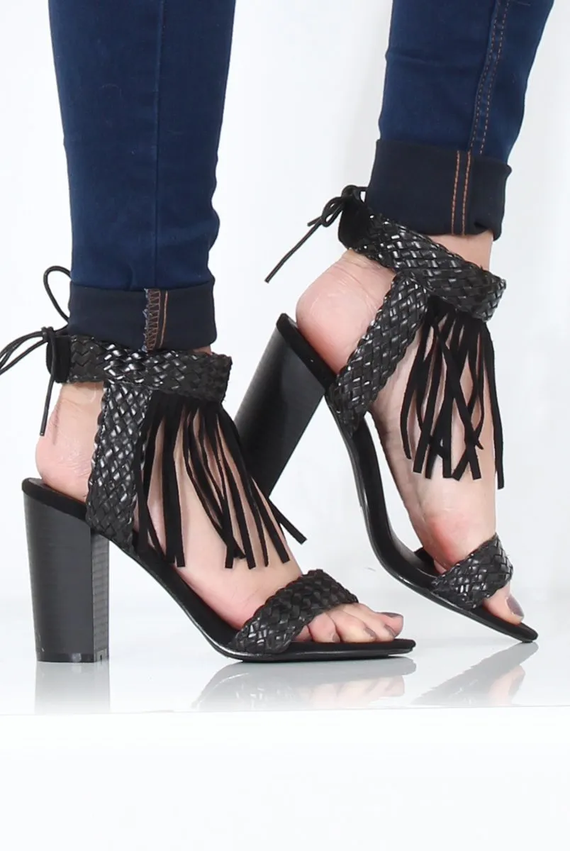 Black Tassel Open Toe Block Heel - Misha