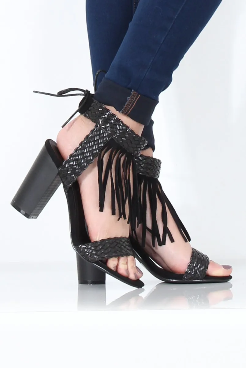 Black Tassel Open Toe Block Heel - Misha