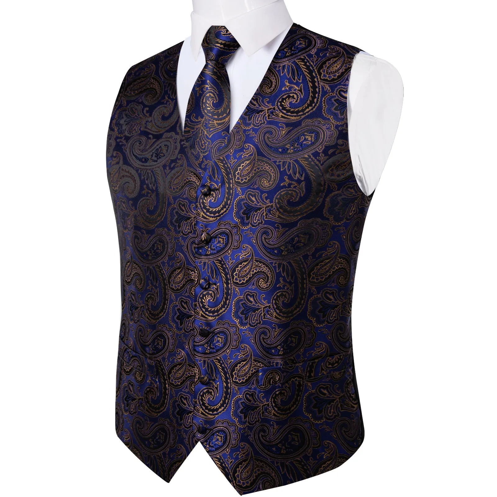 Blue Golden Paisley Jacquard Silk Men's Vest Hanky Cufflinks Tie Set