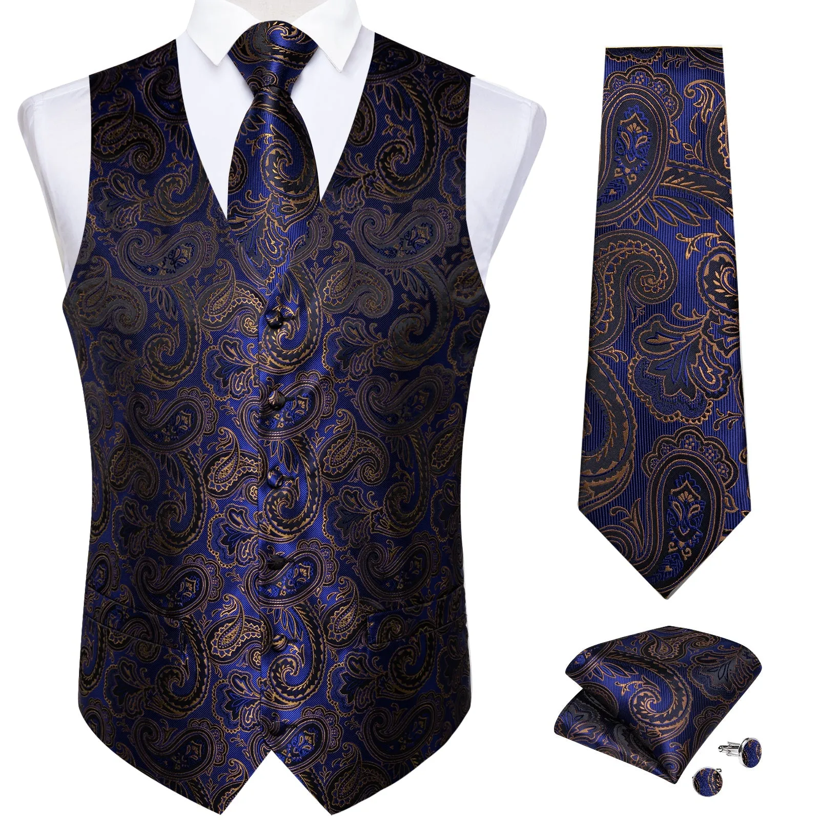 Blue Golden Paisley Jacquard Silk Men's Vest Hanky Cufflinks Tie Set