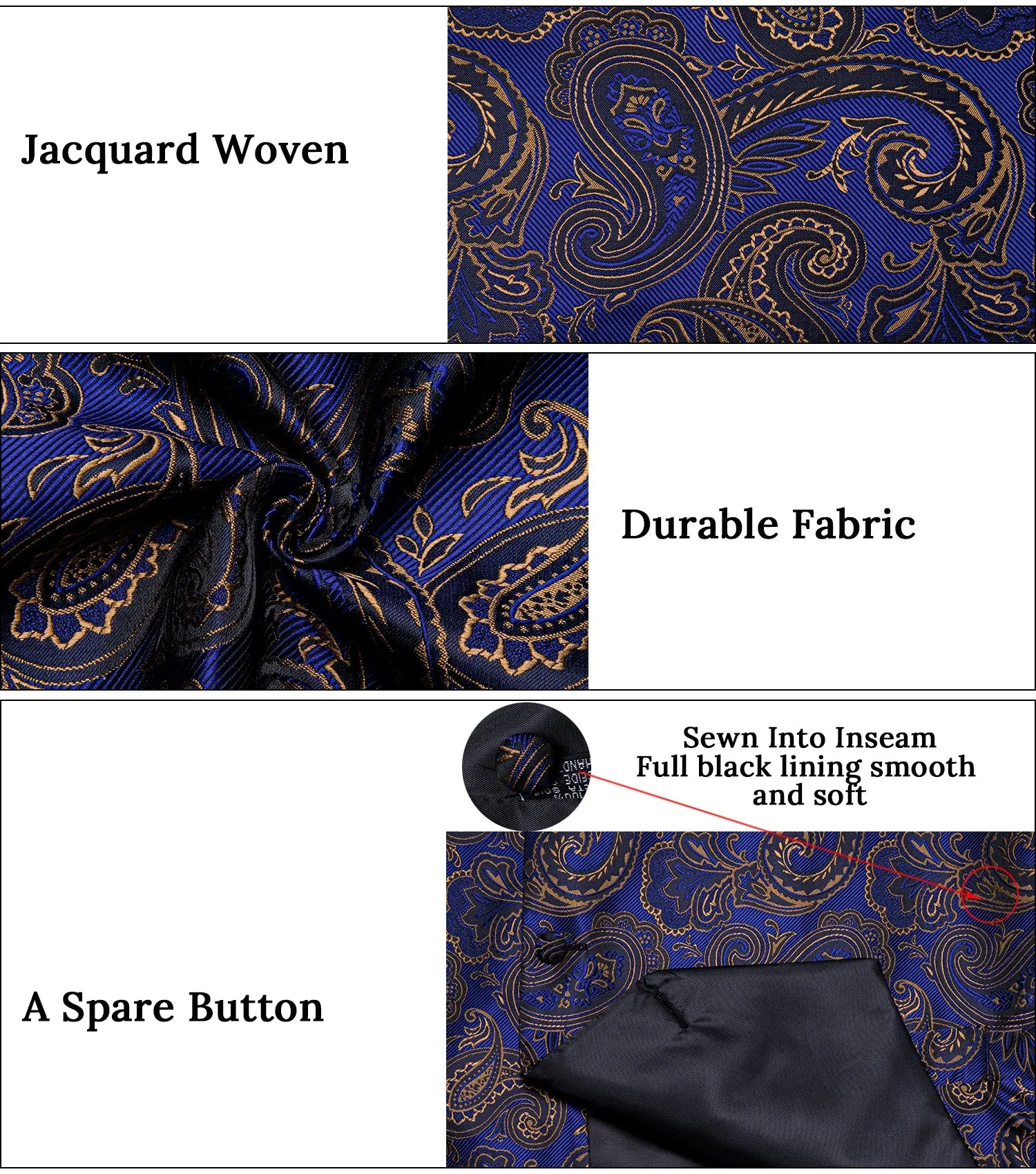 Blue Golden Paisley Jacquard Silk Men's Vest Hanky Cufflinks Tie Set