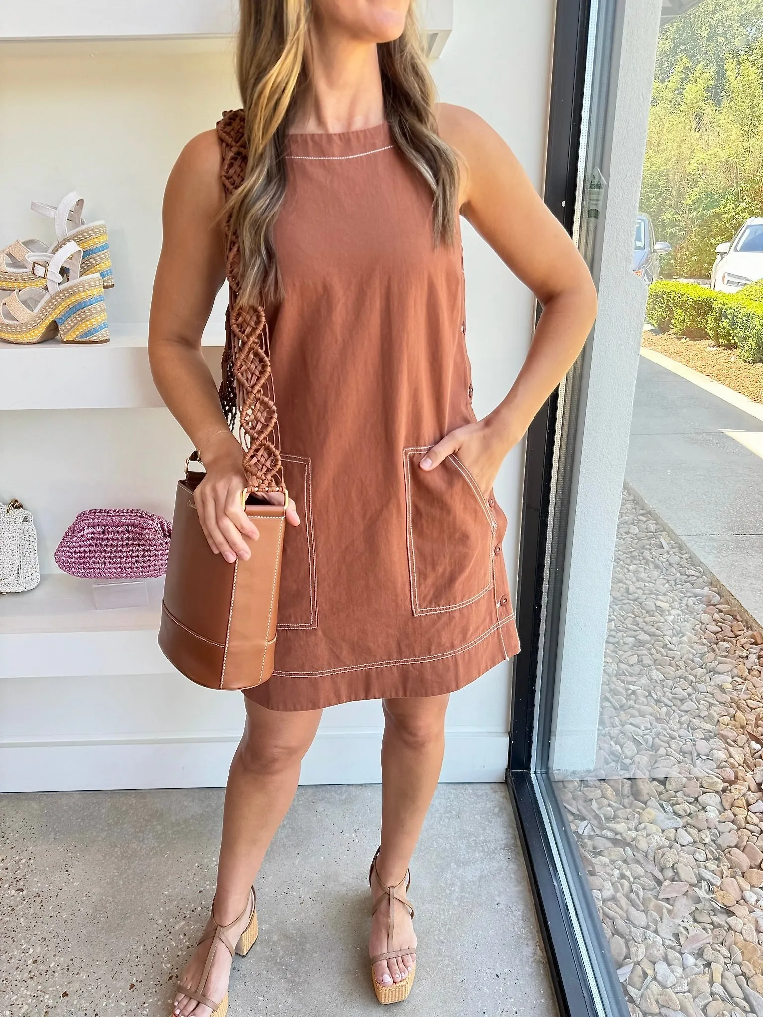 Bronze Side Button Canvas Dress