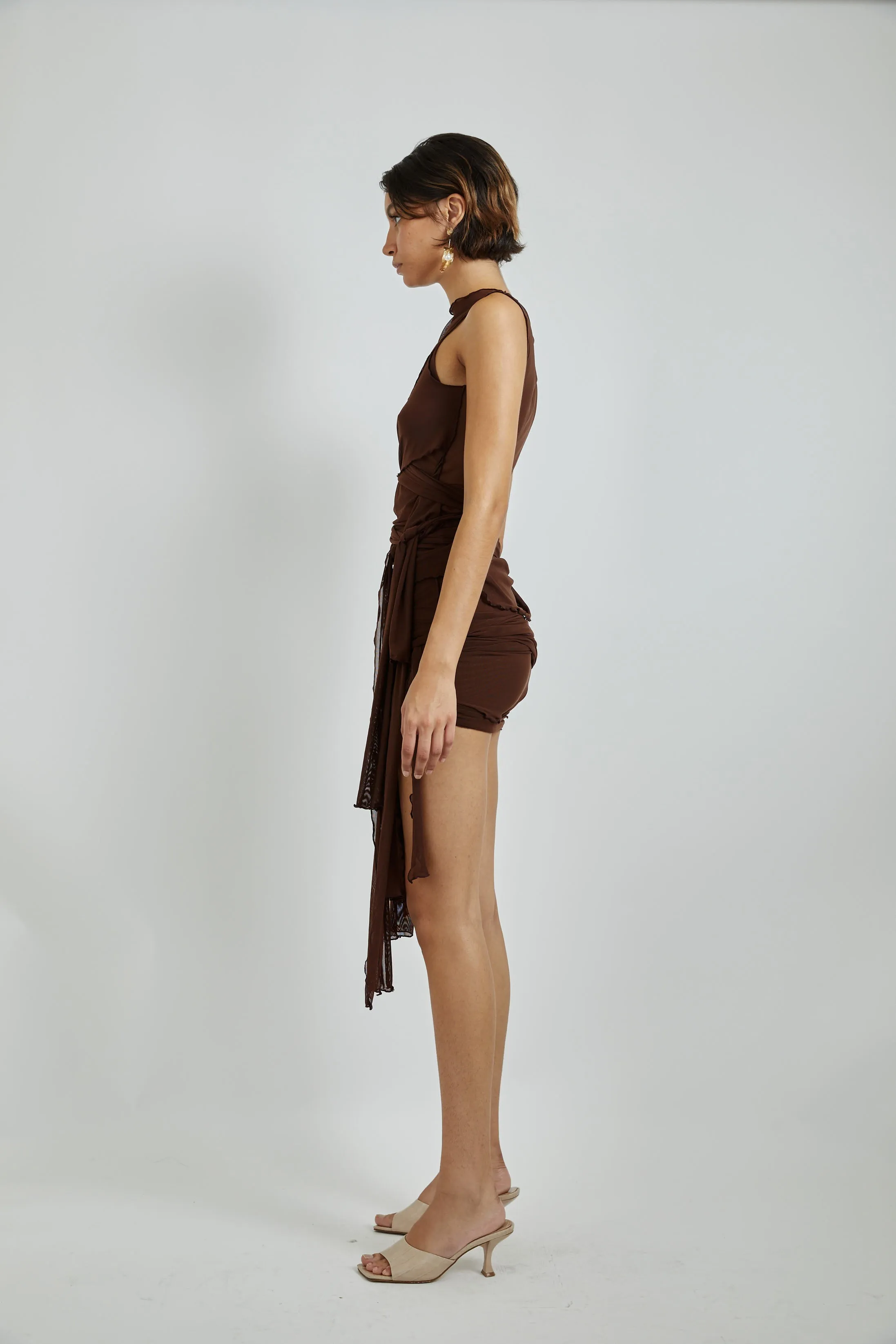 Brown Mesh Tie Skirt