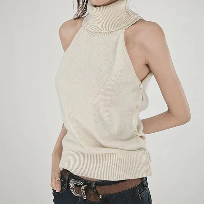 Casual Solid Sleeveless Turtleneck Sweater Vest Basic Buttons Slit Korean Fashion Knitted Pullover Outfits Harajuku