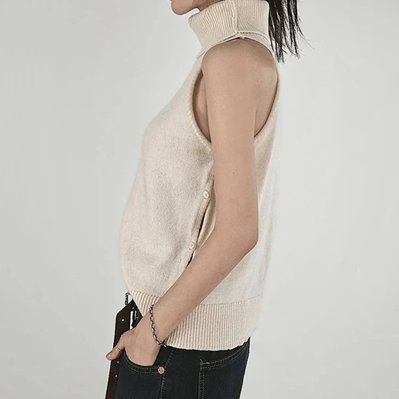 Casual Solid Sleeveless Turtleneck Sweater Vest Basic Buttons Slit Korean Fashion Knitted Pullover Outfits Harajuku