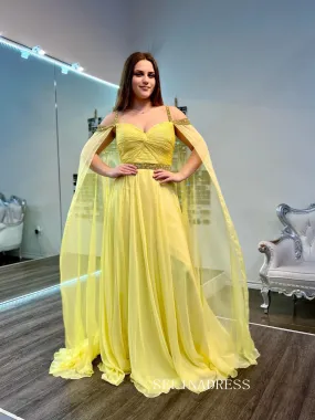 Chic A-line Straps Yellow Long Prom Dress Chiffon Cape Beaded Elegant Evening Dress #OPW002