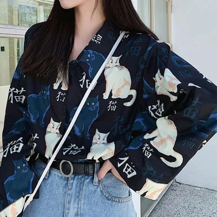 Chic Vintage Cartoon Cat Print Long Sleeve Shirt