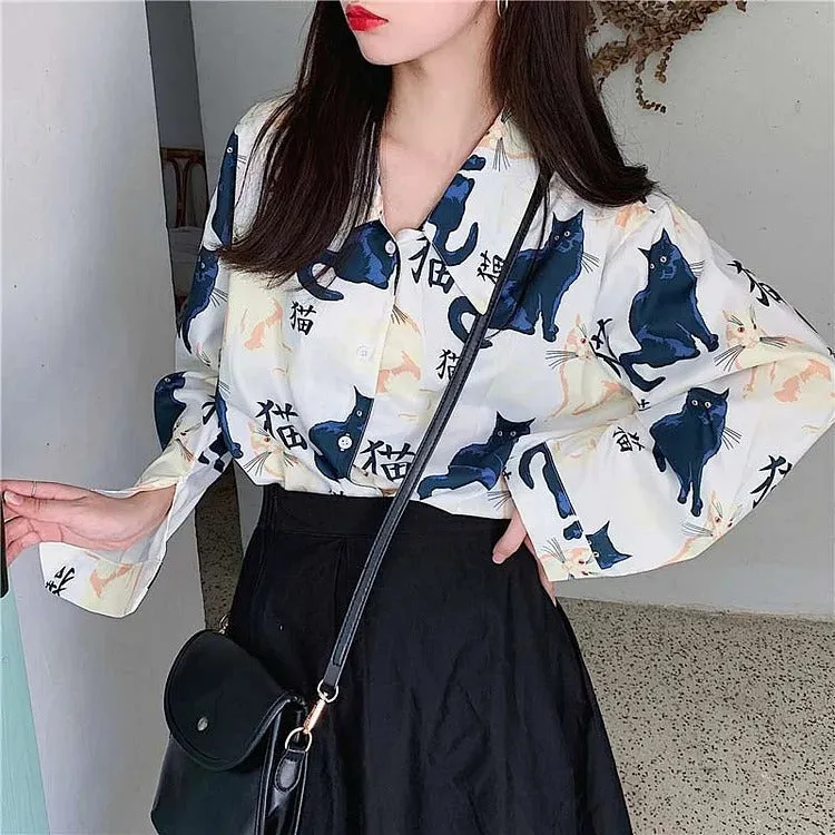 Chic Vintage Cartoon Cat Print Long Sleeve Shirt