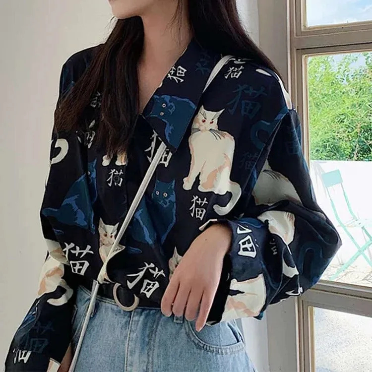 Chic Vintage Cartoon Cat Print Long Sleeve Shirt