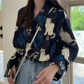 Chic Vintage Cartoon Cat Print Long Sleeve Shirt