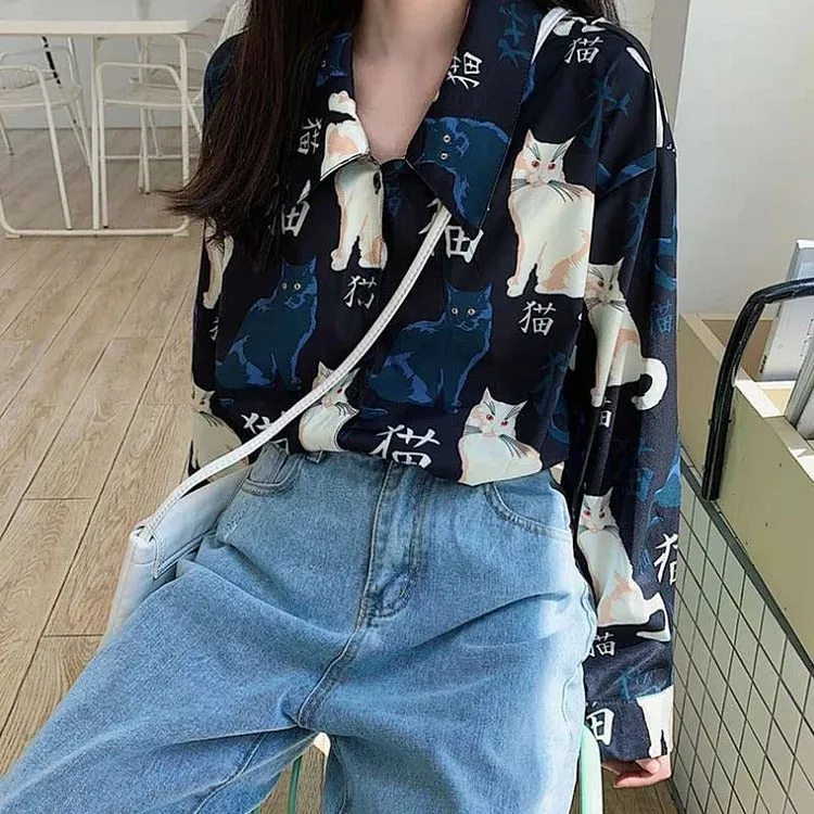 Chic Vintage Cartoon Cat Print Long Sleeve Shirt