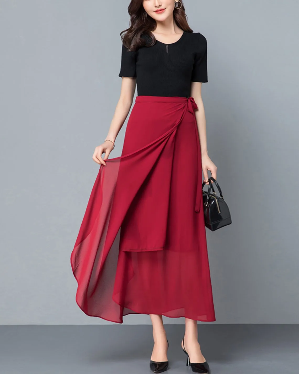 Chiffon midi skirt, Women's wrap skirt, A-line skirt, long skirt, high waist skirt, flare skirt, plus size skirt, customized skirt A0014