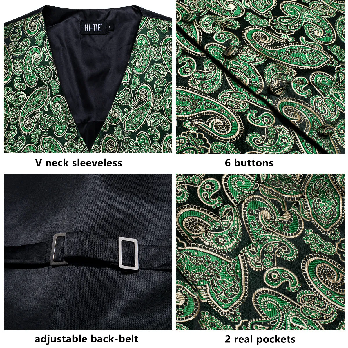 Classic Emerald Green Paisley Silk Men's Vest Hanky Cufflinks Tie Set Waistcoat Suit Set