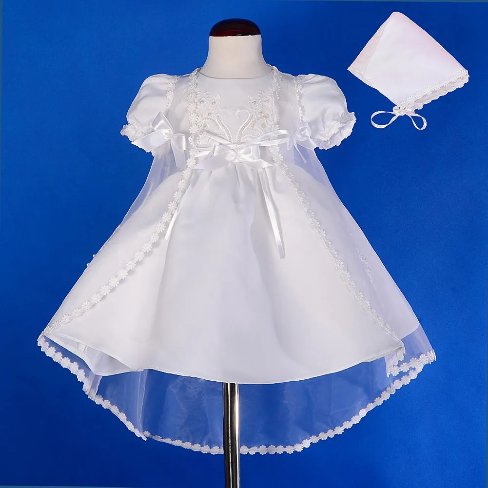 CN009 Baby Girls' Pearls Embroidered Baptism Christening Gown Dress With Cape And Bonnet Infant Size 0-12 Months