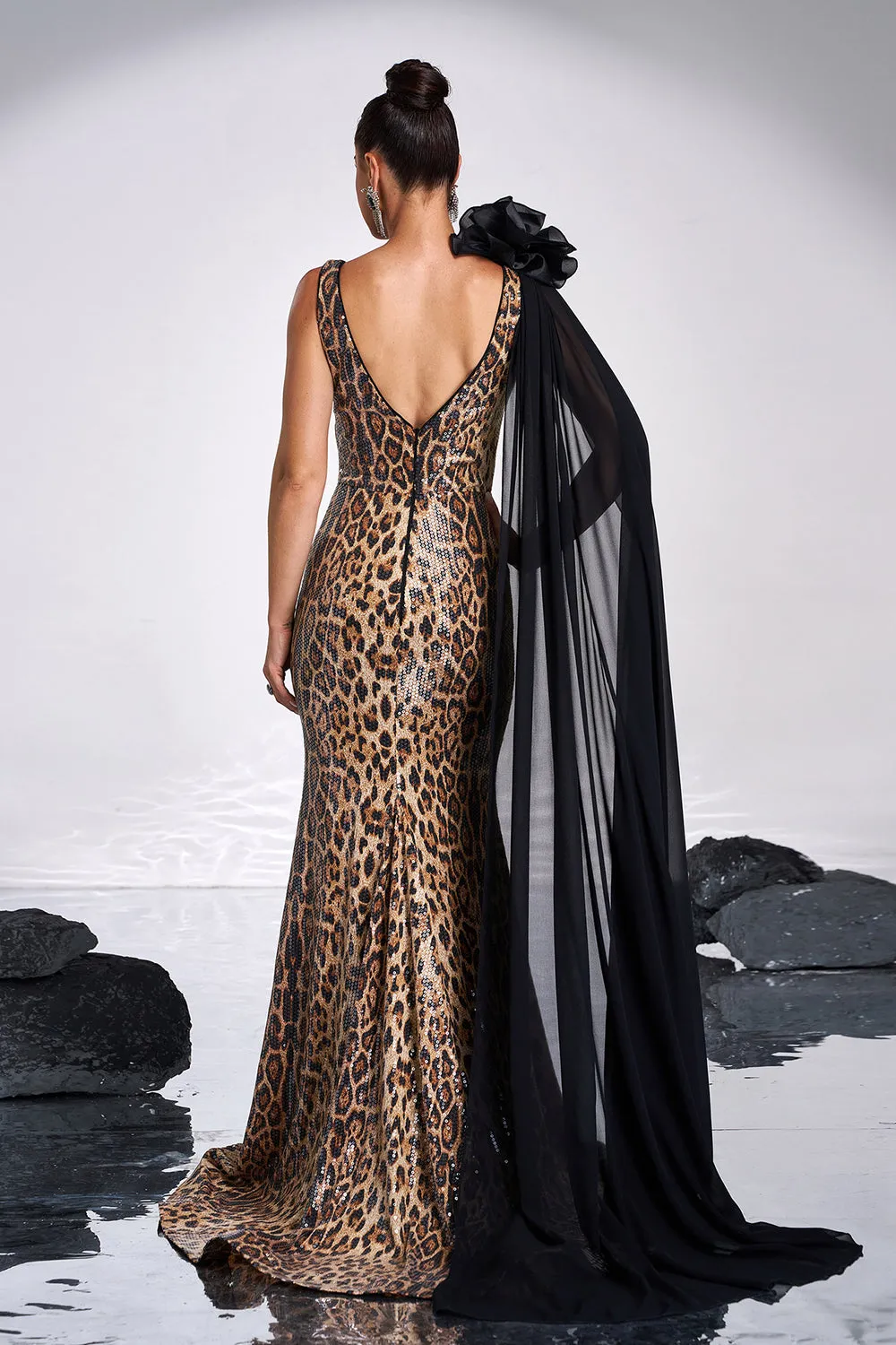 Coffee Leopard Mermaid Floor Length Dress with One Shoulder Cape