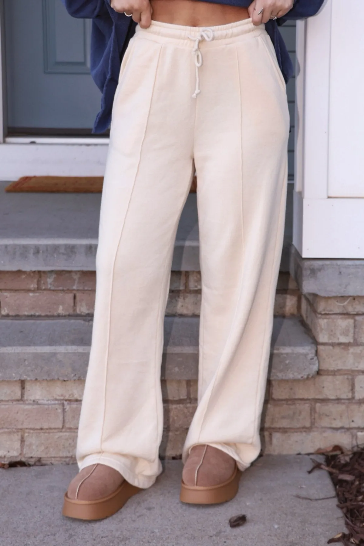 Cream Seam Detail Wide Leg Sweatpants