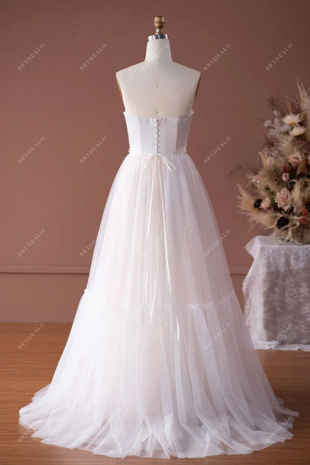 Custom-Made Satin Strapless A-line Tulle Glitter Wedding Dress