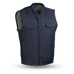 Dark Blue FIM691DM-Blue BLUE SOA Club Style Biker Cut Kershaw Denim Motorcycle Vest -