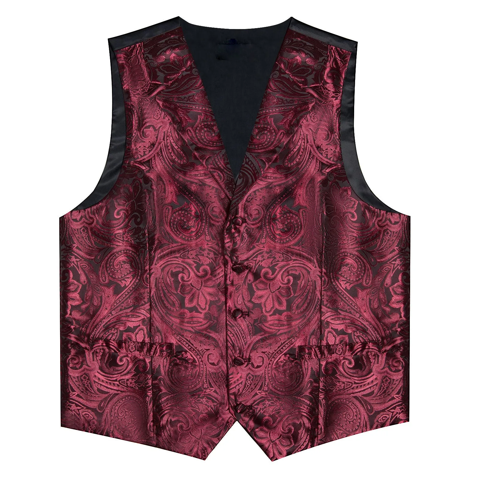 Deep Red Paisley Men's Collar Vest Tie Hanky Cufflinks Set Waistcoat Suit Set