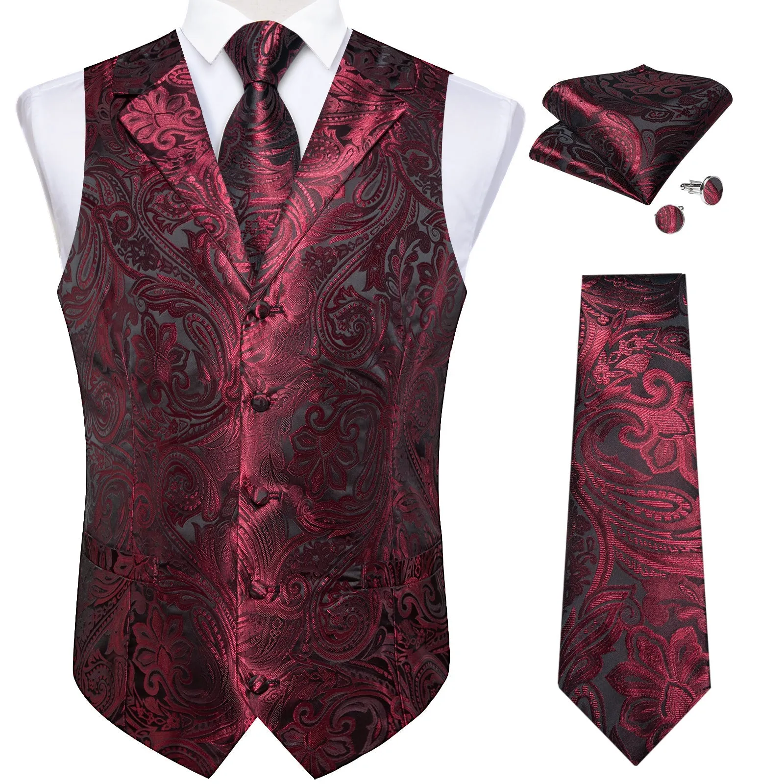 Deep Red Paisley Men's Collar Vest Tie Hanky Cufflinks Set Waistcoat Suit Set