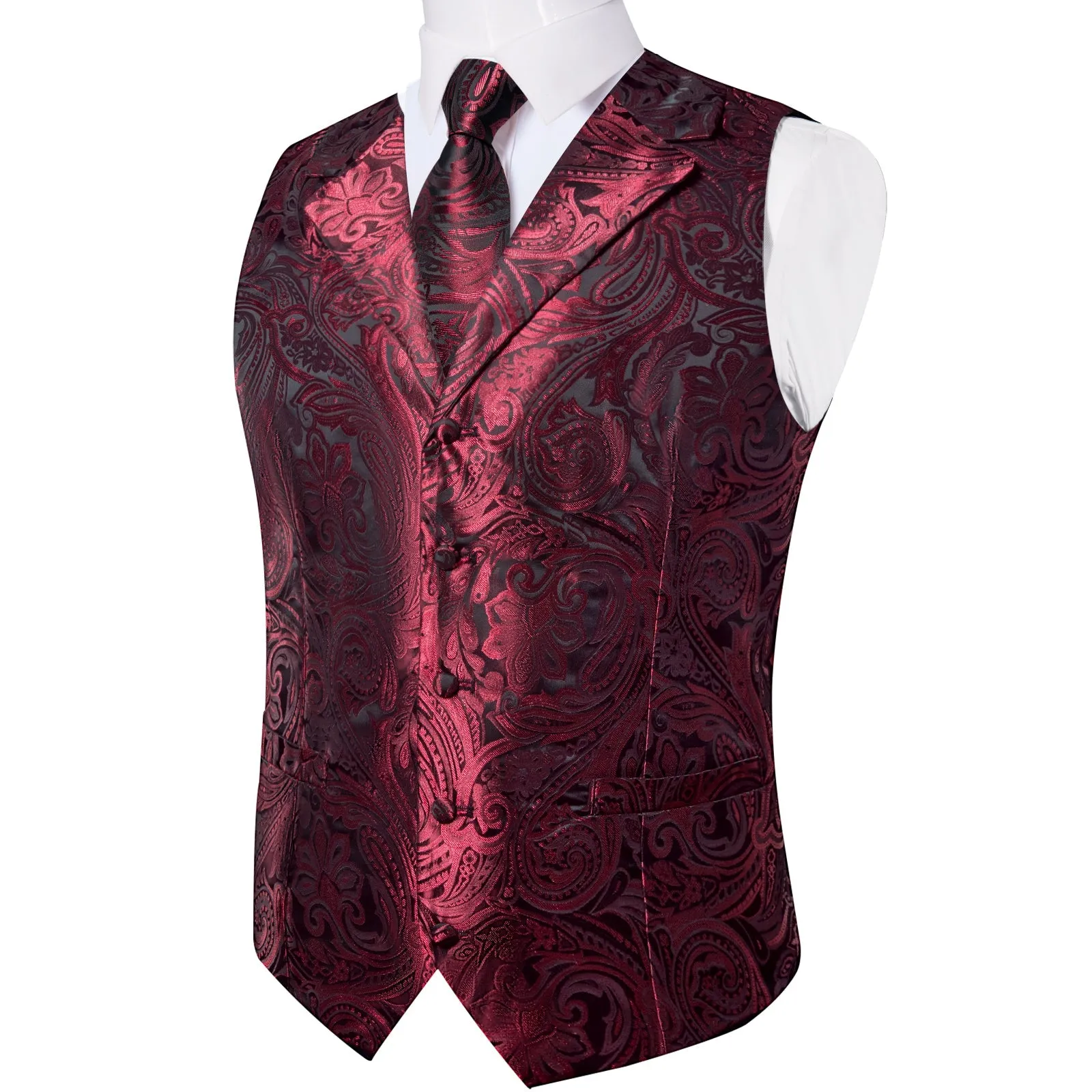 Deep Red Paisley Men's Collar Vest Tie Hanky Cufflinks Set Waistcoat Suit Set