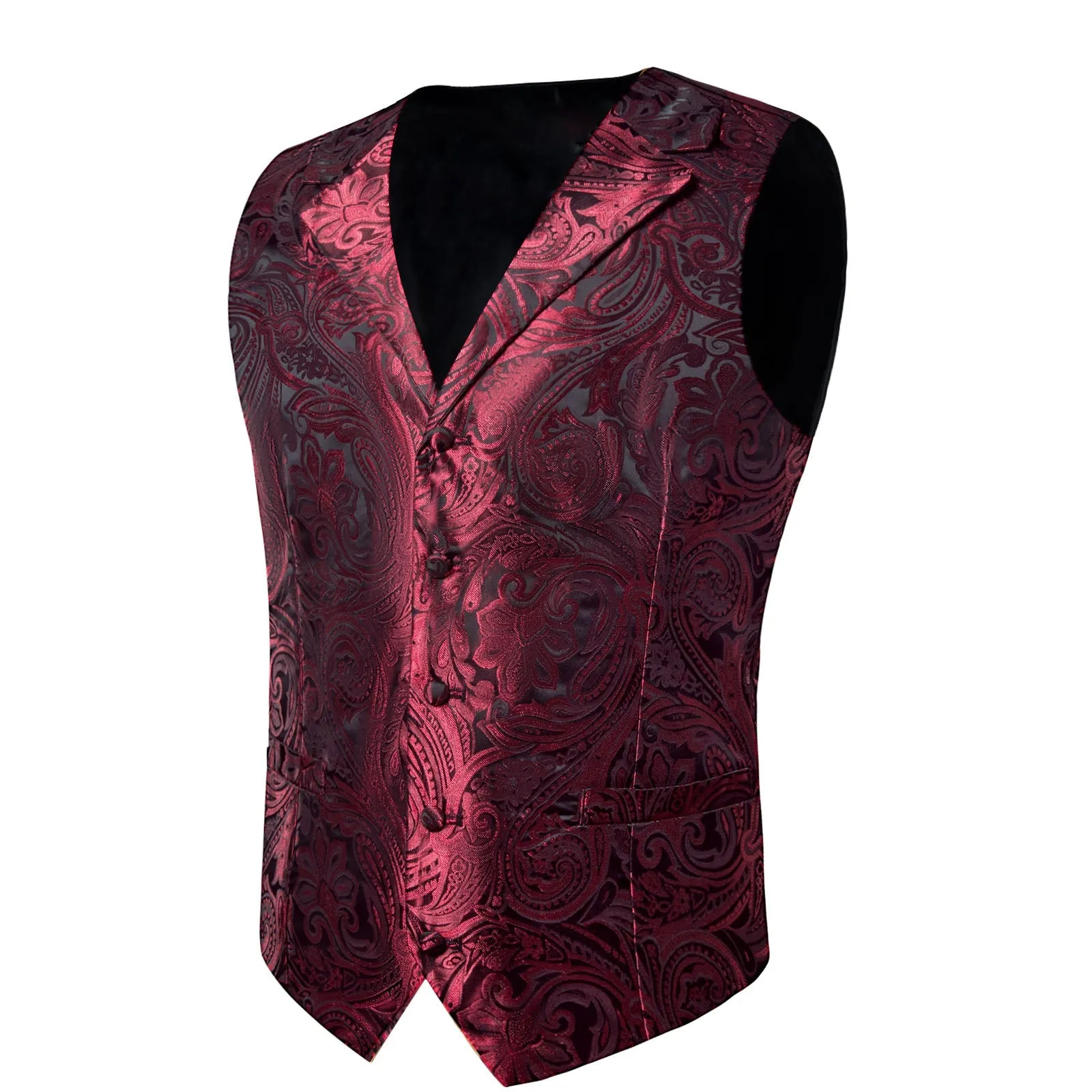 Deep Red Paisley Men's Collar Vest Tie Hanky Cufflinks Set Waistcoat Suit Set