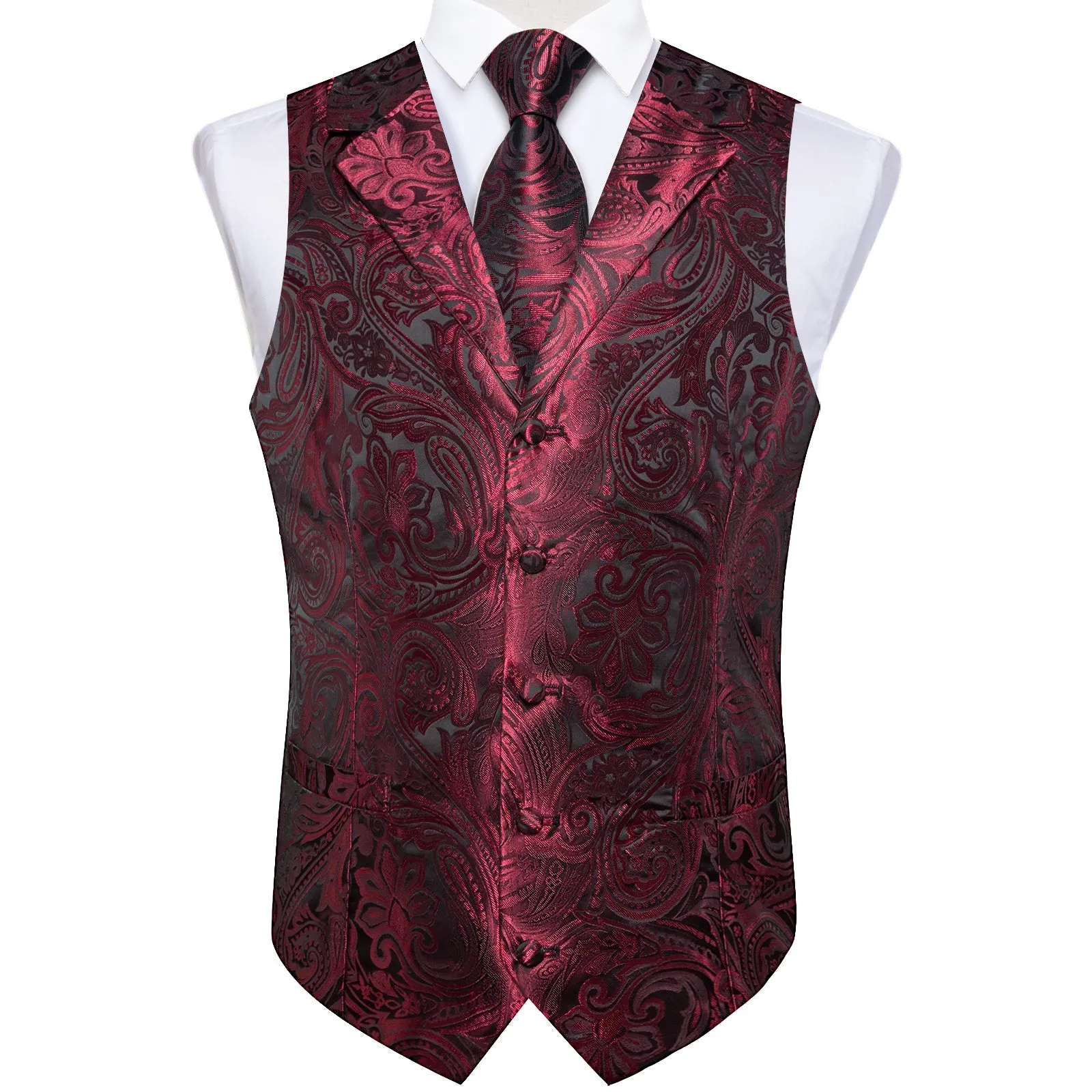 Deep Red Paisley Men's Collar Vest Tie Hanky Cufflinks Set Waistcoat Suit Set