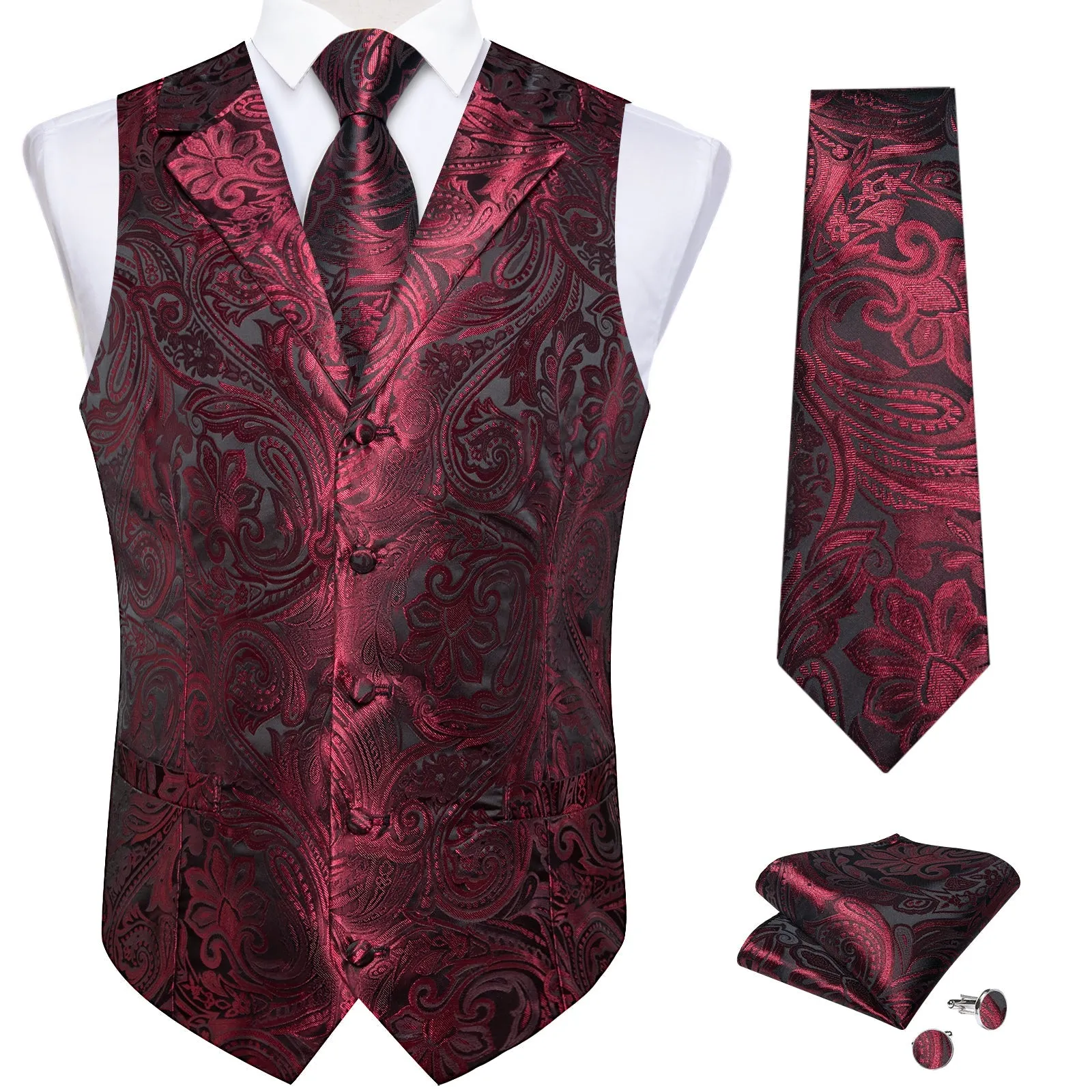 Deep Red Paisley Men's Collar Vest Tie Hanky Cufflinks Set Waistcoat Suit Set