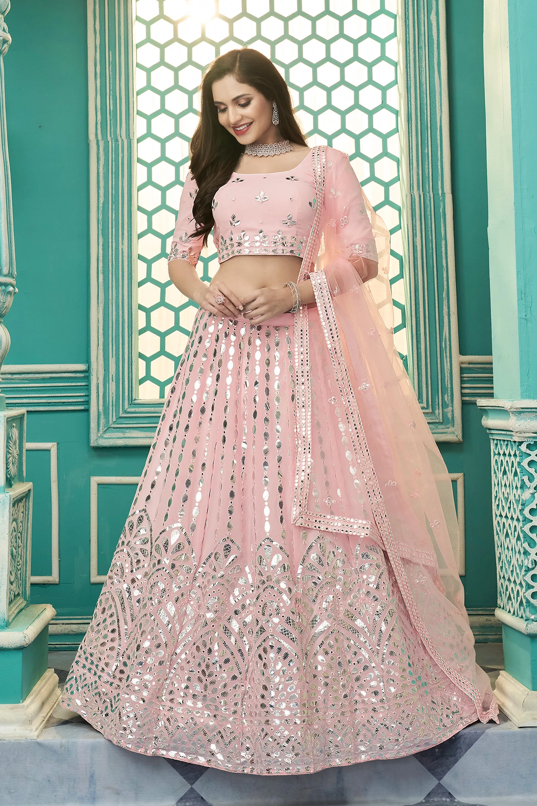 Delightful Pink Gota Patti Embroidered Georgette Semi Stitched Party Wear Lehenga