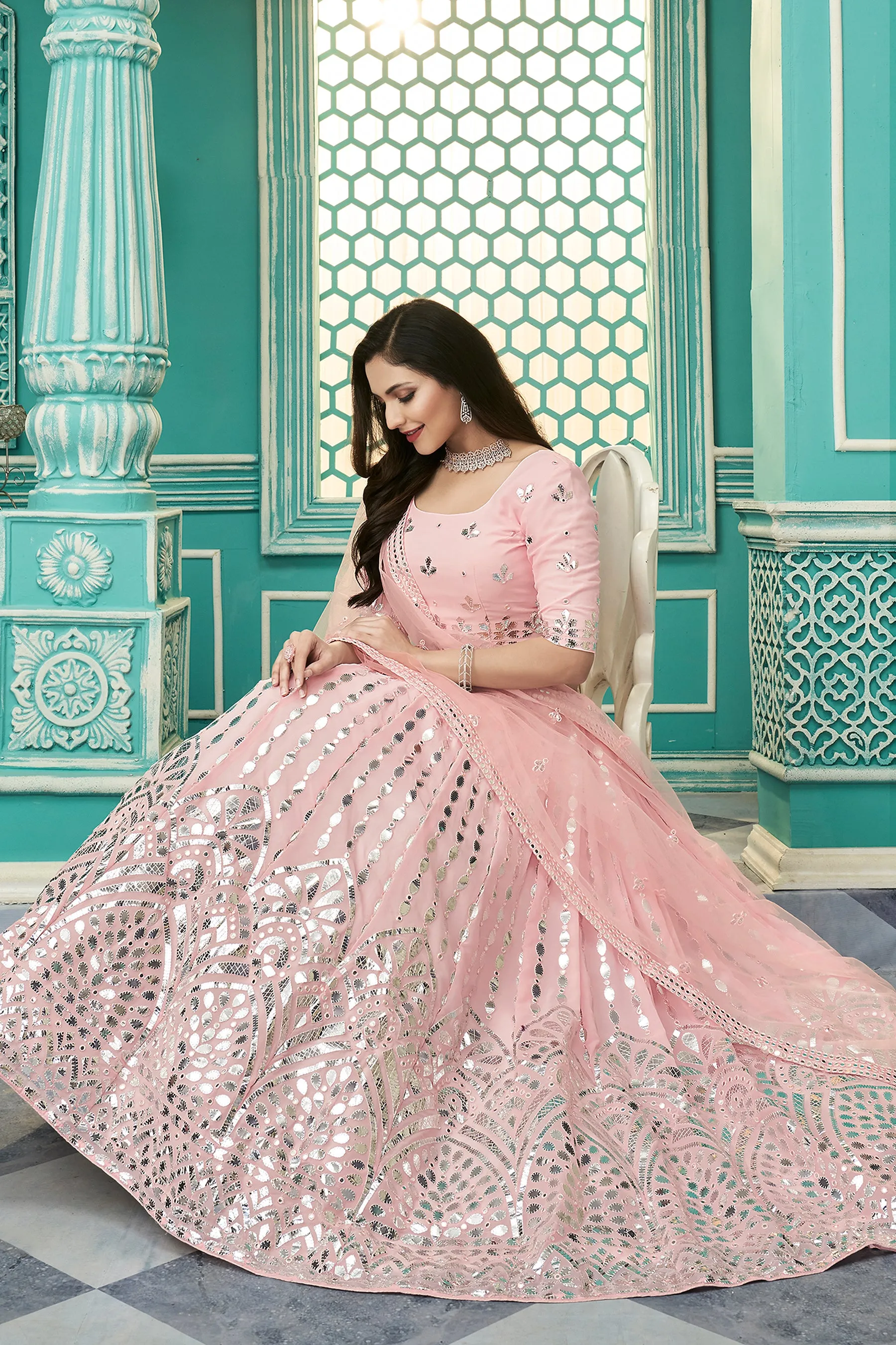 Delightful Pink Gota Patti Embroidered Georgette Semi Stitched Party Wear Lehenga