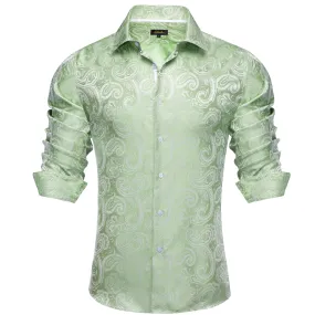 DiBanGu Collared Shirt Sage Green Paisley Silk Button Down Long Sleeve Mens Shirt Dress