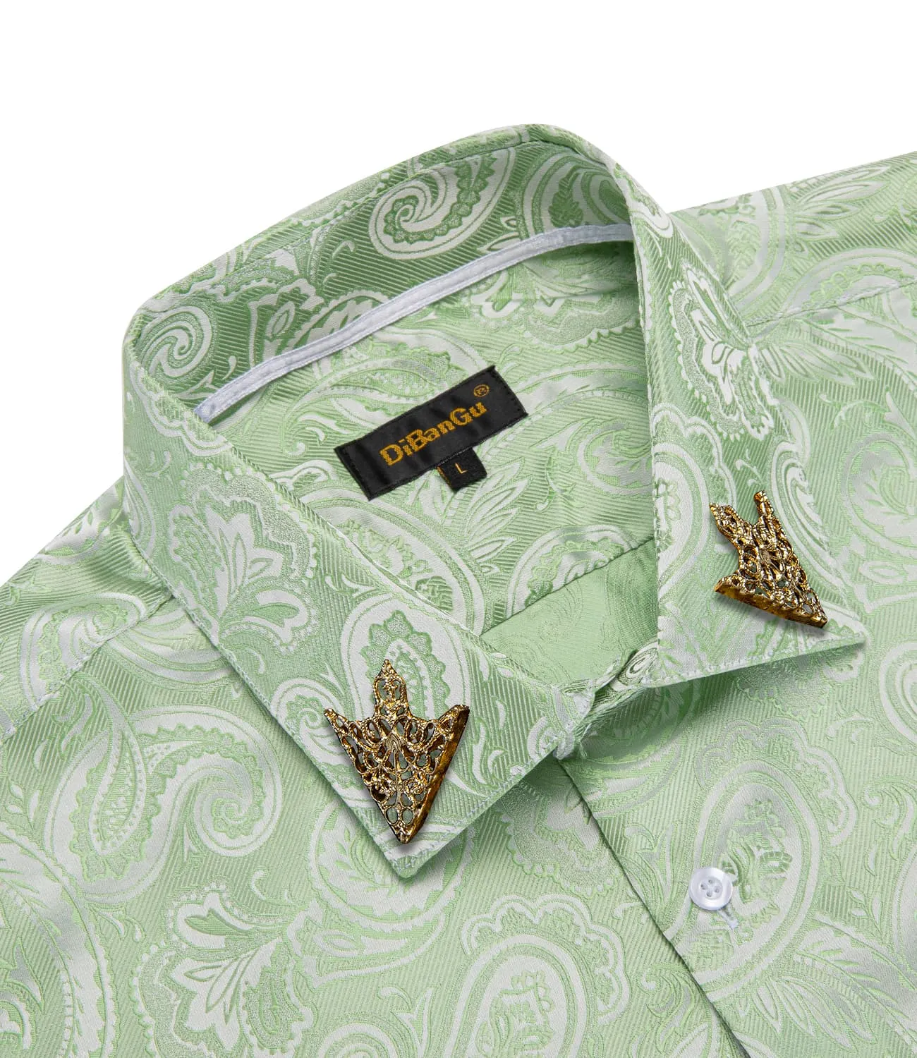 DiBanGu Collared Shirt Sage Green Paisley Silk Button Down Long Sleeve Mens Shirt Dress