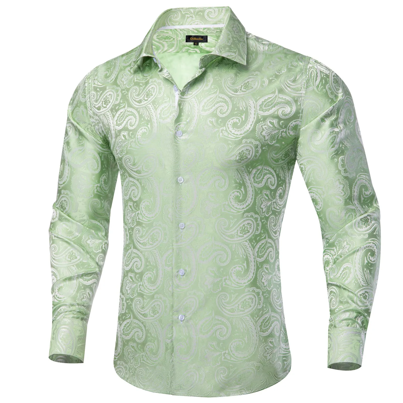 DiBanGu Collared Shirt Sage Green Paisley Silk Button Down Long Sleeve Mens Shirt Dress