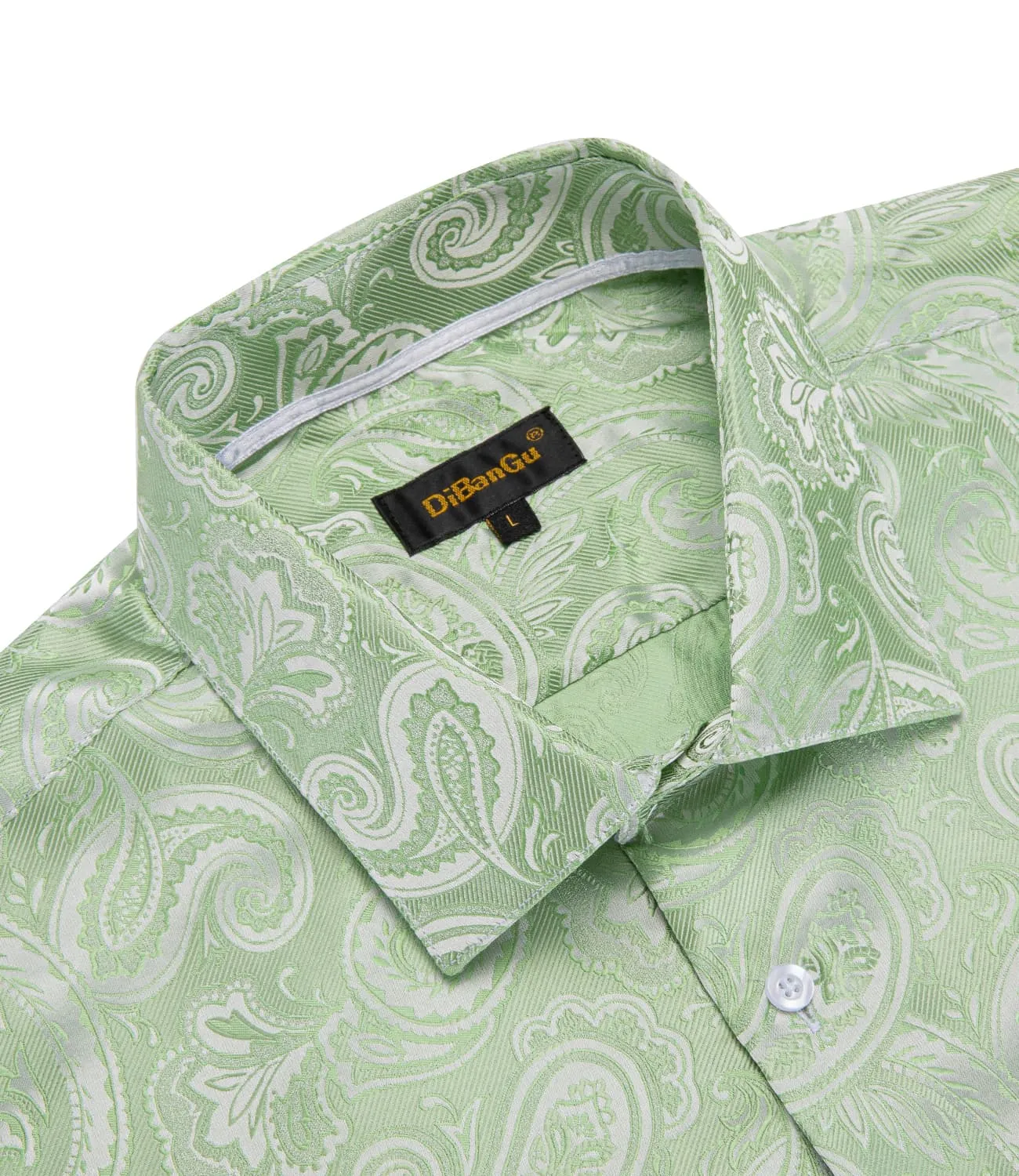 DiBanGu Collared Shirt Sage Green Paisley Silk Button Down Long Sleeve Mens Shirt Dress