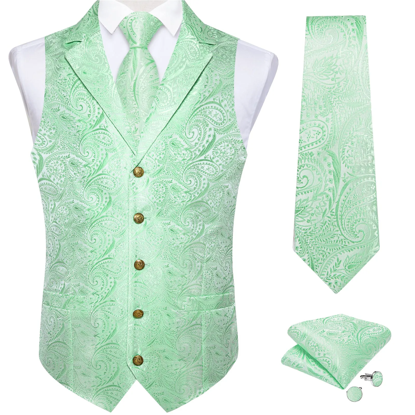 DiBanGu Notched Collar Vest Tender Green Floral V Neck Mens Waistcoat Vest Tie Handkerchief Cufflinks Set