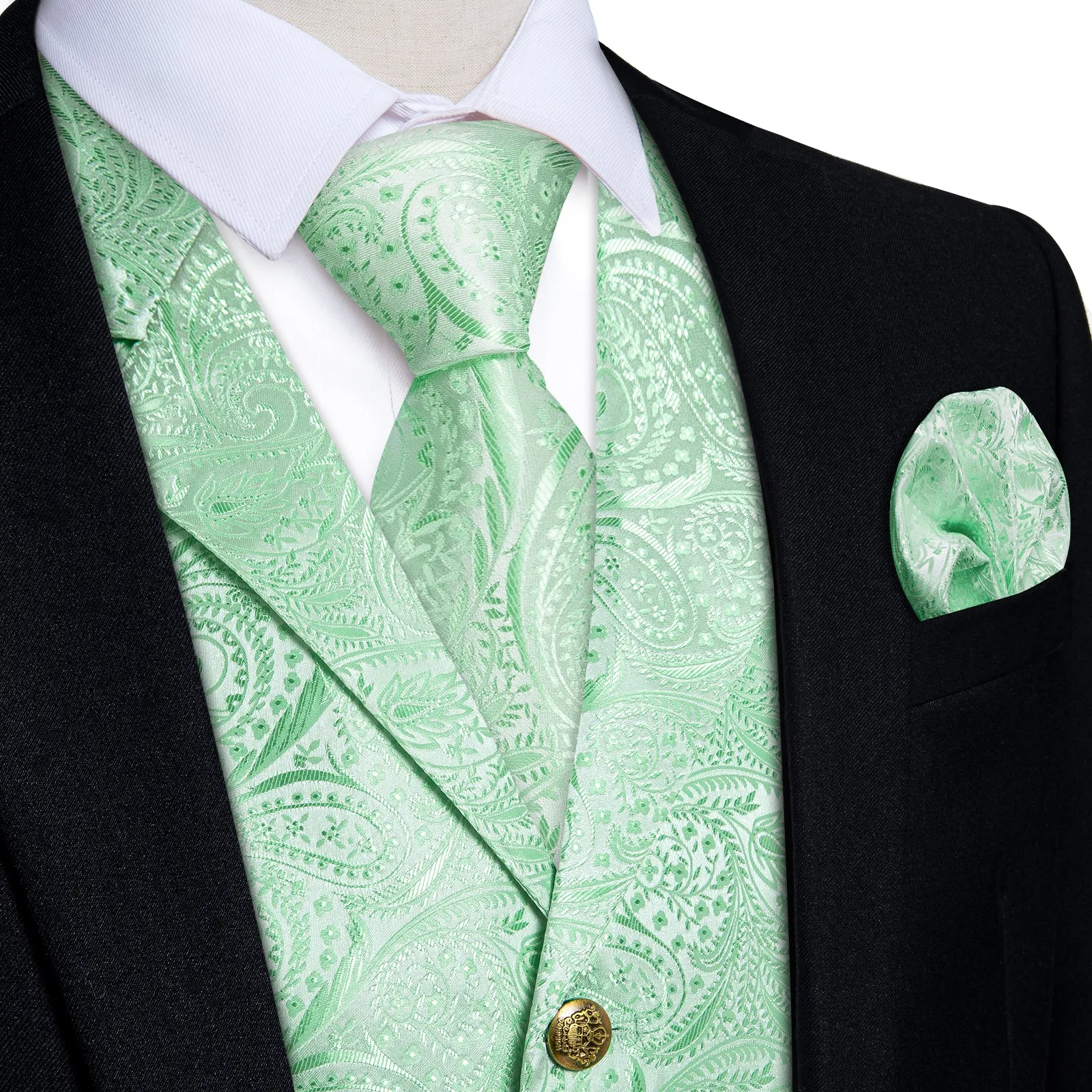 DiBanGu Notched Collar Vest Tender Green Floral V Neck Mens Waistcoat Vest Tie Handkerchief Cufflinks Set