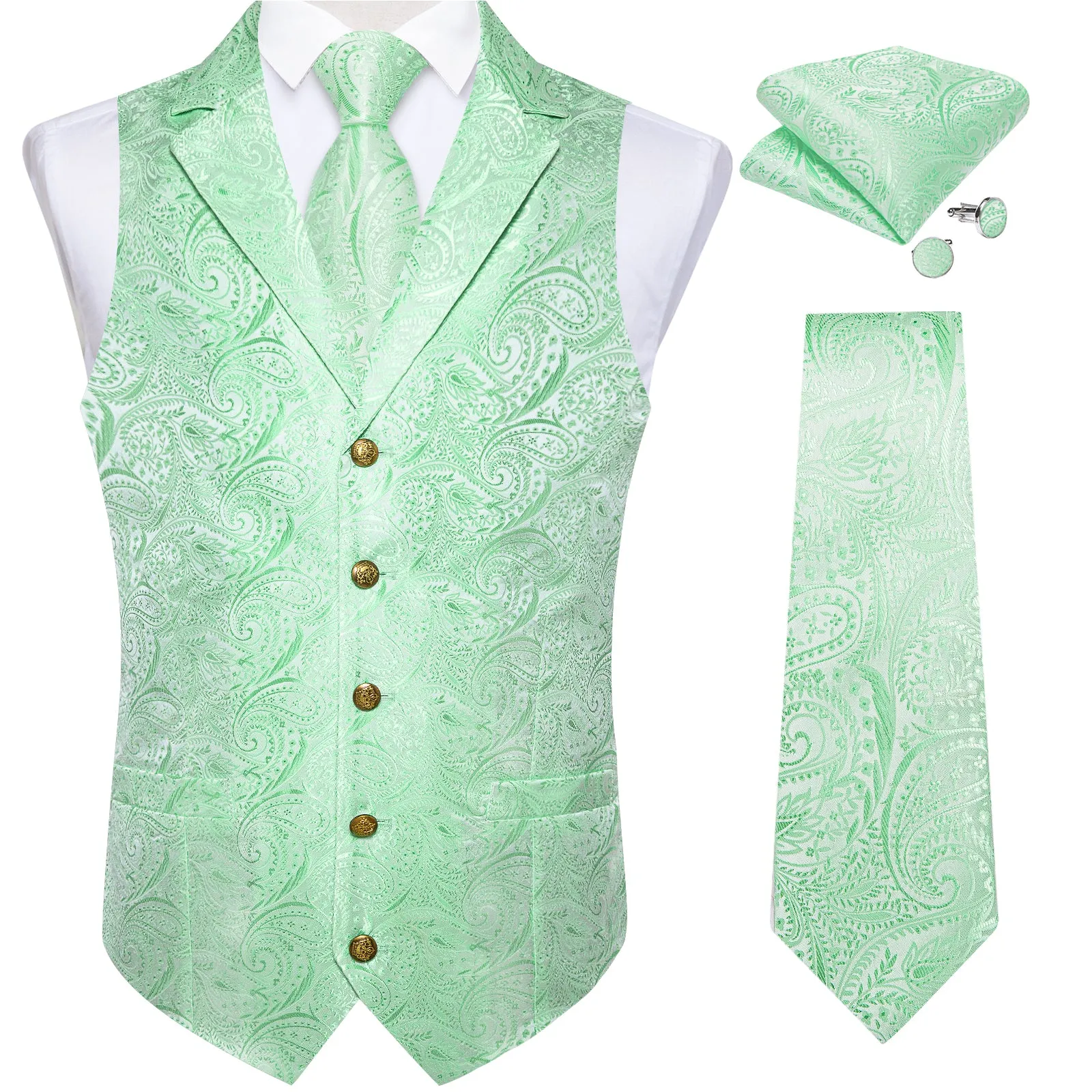 DiBanGu Notched Collar Vest Tender Green Floral V Neck Mens Waistcoat Vest Tie Handkerchief Cufflinks Set