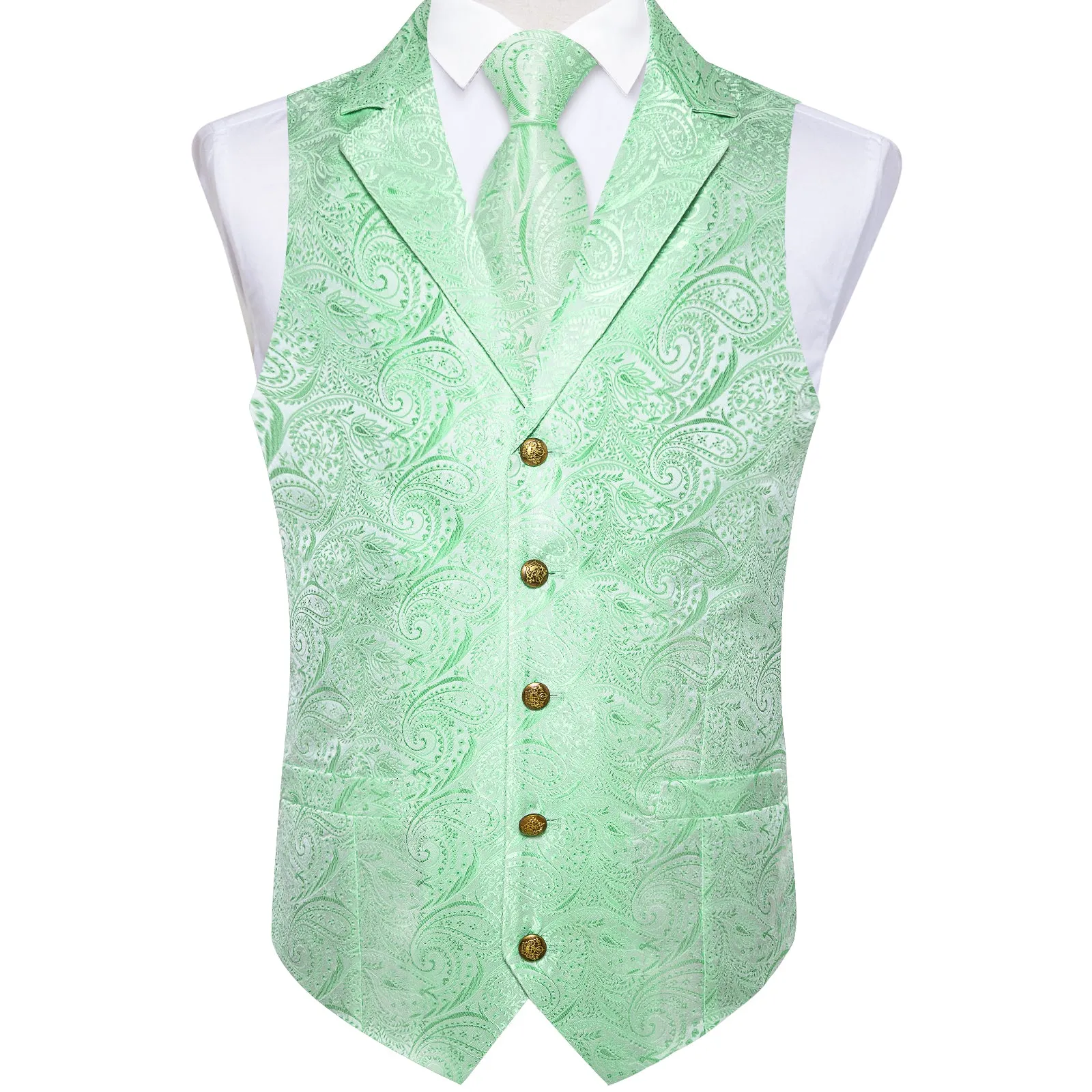 DiBanGu Notched Collar Vest Tender Green Floral V Neck Mens Waistcoat Vest Tie Handkerchief Cufflinks Set