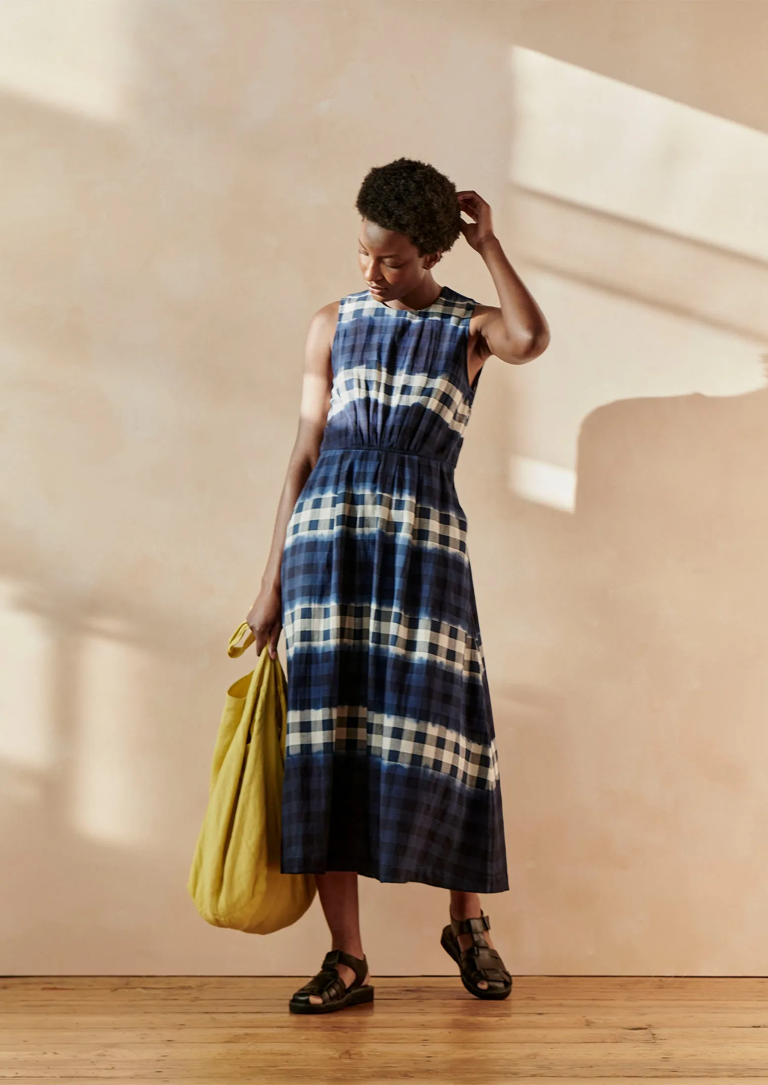 Dip Dye Stripe Gingham Cotton Dress | Navy/Ecru