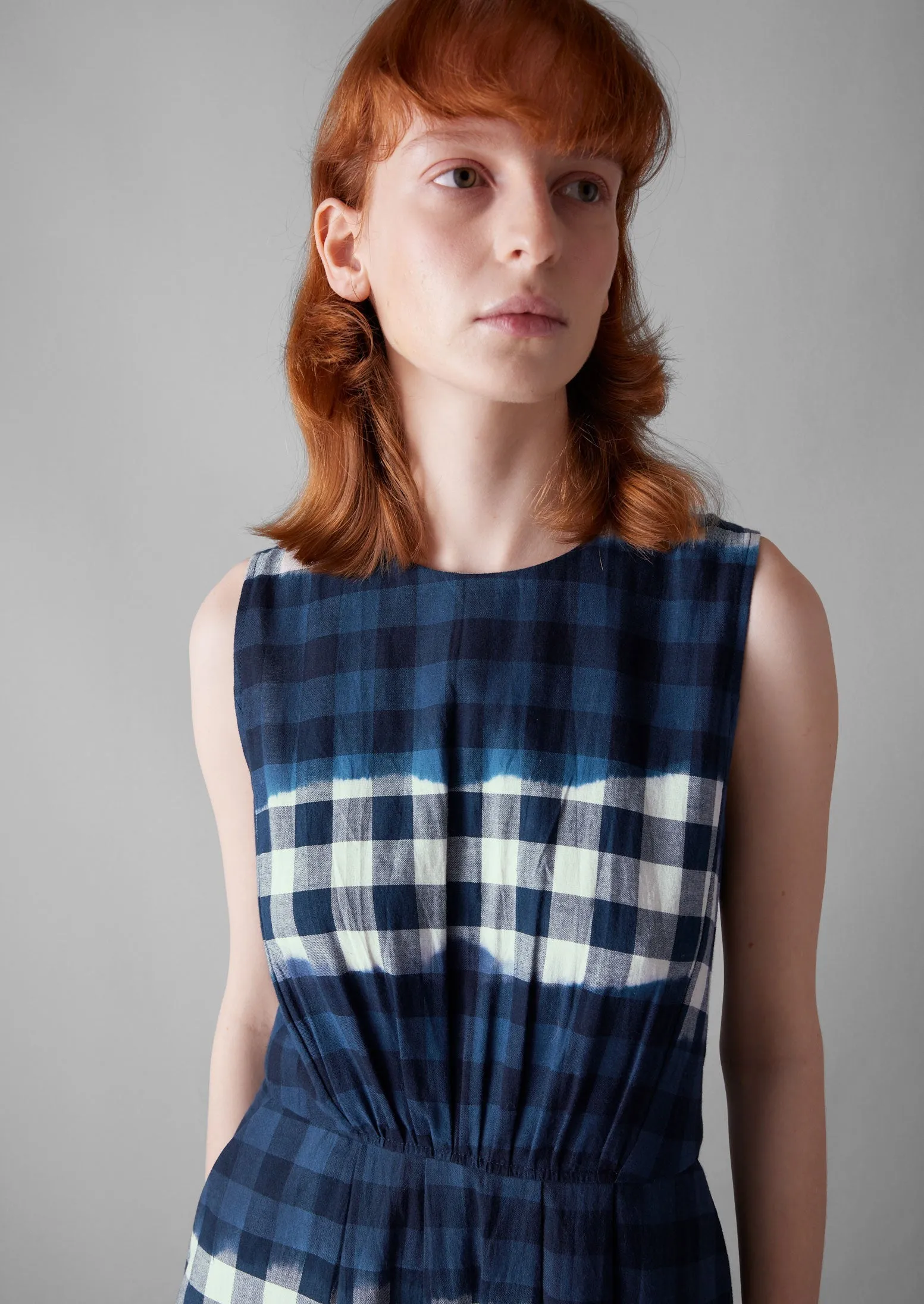 Dip Dye Stripe Gingham Cotton Dress | Navy/Ecru