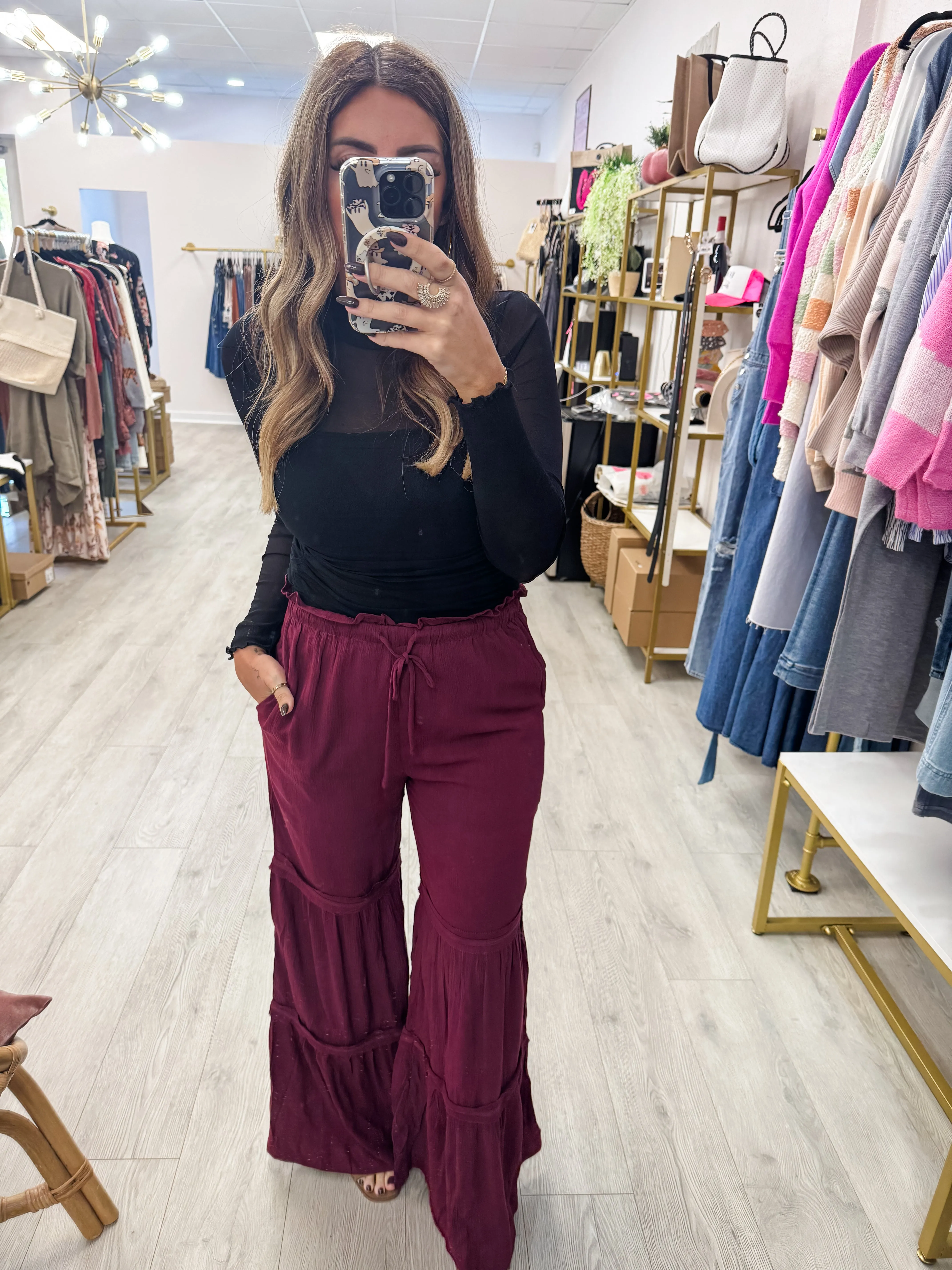 Drawstring Waist Tiered Palazzo Pants