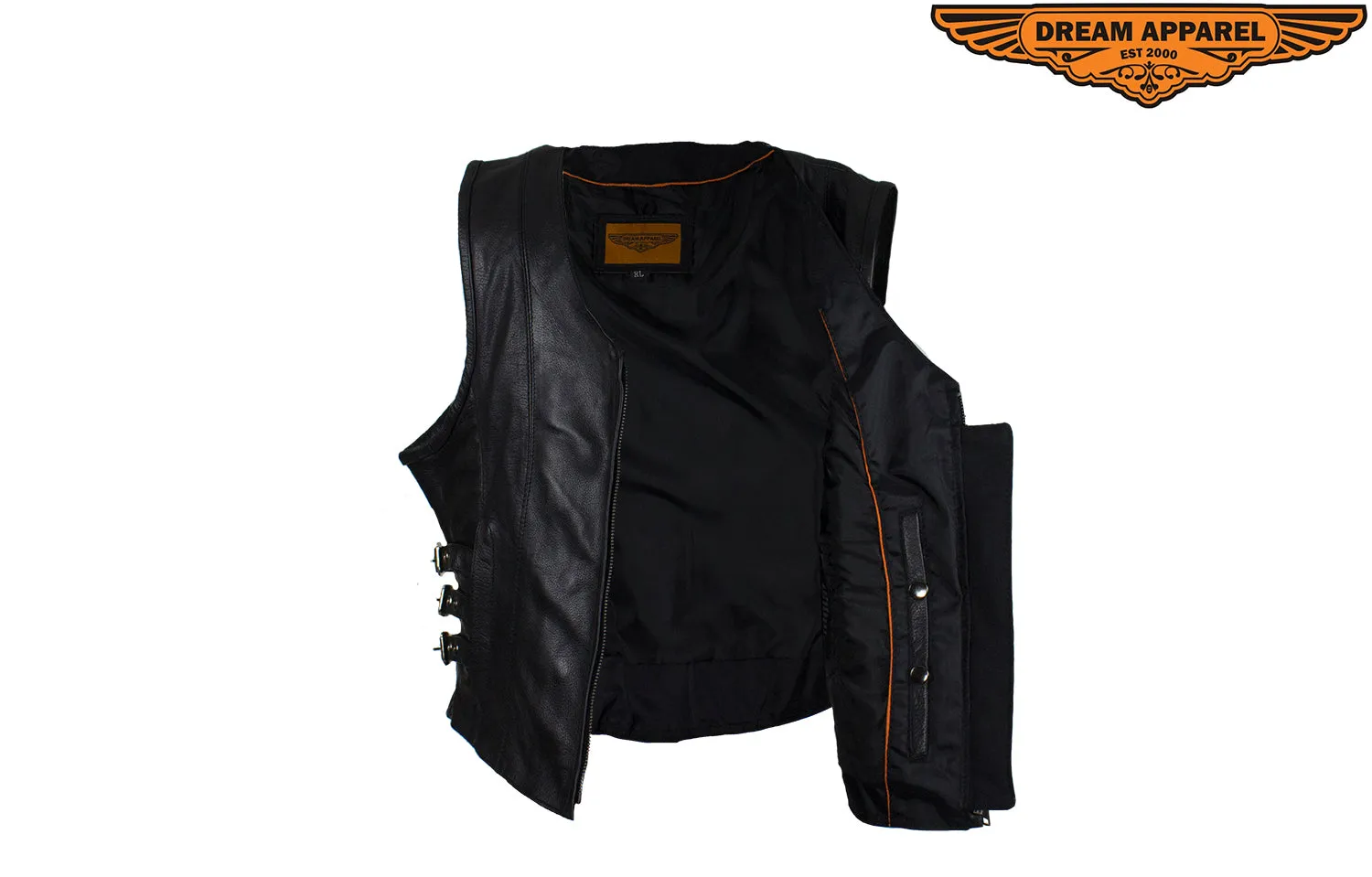 Dream Apparel Women Leather Concealed Carry Pockets Vest with roller buckles