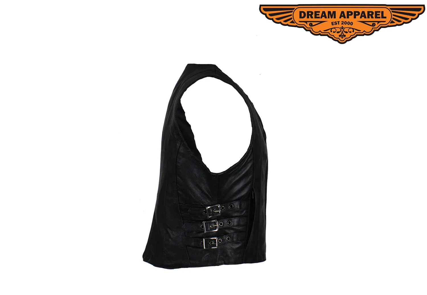 Dream Apparel Women Leather Concealed Carry Pockets Vest with roller buckles