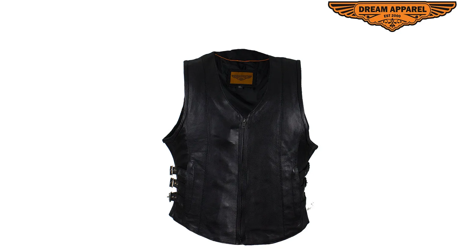 Dream Apparel Women Leather Concealed Carry Pockets Vest with roller buckles