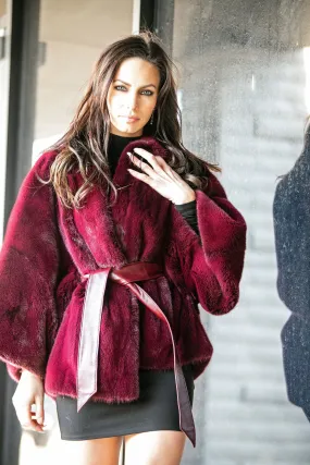 Dyed Crimson Red Mink Belted Cape